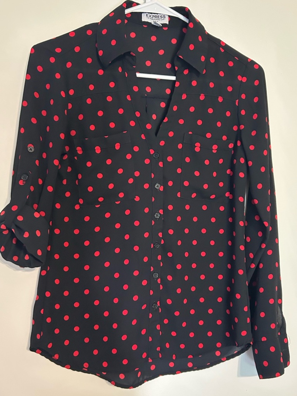 Express Portofino Slim Fit Black Button-Up Blouse with Red Polka Dots